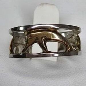 Vintage Stamped 925 Silver Band Ring 3 Gold Dolphine Accents Size 6.75